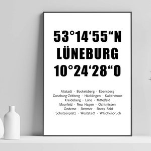 Lüneburg Poster - Coordinates Districts - your city personalized Wall decoration Old Town Hanseatic City Culture Decoration Lueneburg