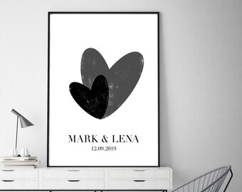 Gepersonaliseerde poster - koppel met namen en datum, lijntekeningen, liefde, eenlijnskunst, huwelijkscadeau, jubileumcadeau partner