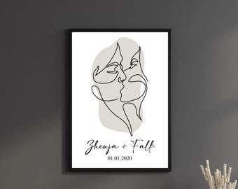Gepersonaliseerde poster - Koppel, Lineart Gezichten, Liefde, One Line Art aanpasbaar Liefde Huwelijkscadeau, Jubileumcadeau liefde