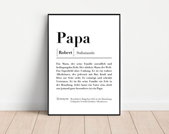 Może przedstawiać: Czarno-biała, drukowana grafika ścienna ze słowem "Papa" zdefiniowanym jako rzeczownik. Definicja opisuje ojca jako osobę silną, wspierającą i kochającą.