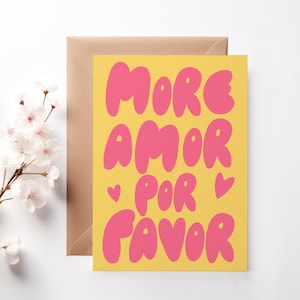 Cartão postal: More Amore por favor, neon rosa amarelo, saudações, cartão de felicitações, cartão para aniversário, mudança, volta às aulas, carta de amor para feriados