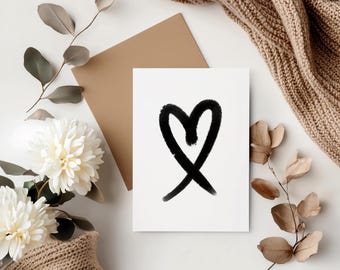 Postcard with a black heart on a white background | Black and white heart | Perfect for weddings, love, Valentine's Day as a modern wall decoration | A6 A4 A3