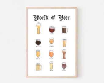 Poster - Beer Beer Types, World of Beer, Housewarming Gift Beer Gin Poster Decoration for Beer Lovers Beer Types WG Kitchen, Gift Idea