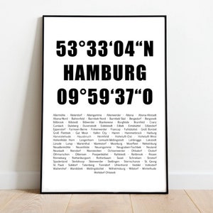 Hamburg Poster - Coordinates Districts - your city personalized Wall decoration Old Town Hanseatic City Black and White HH Print Picture Map