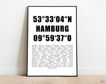 Hamburg Poster - Koordinaten Stadtteile - deine Stadt personalisiert Wanddekoration Altsstadt Hansestadt Schwarz-Weiß HH Print Bild Karte