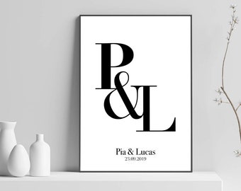 Personalisiertes Poster - Paar ,Initialen, Liebe, One Line Art Poster personalisierbar Love | Brautpaar, Hochzeitsgeschenk, Jahrestag