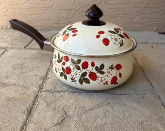 Vintage Sheffield Strawberries 'n Cream emaille steelpan - pot van 2 liter