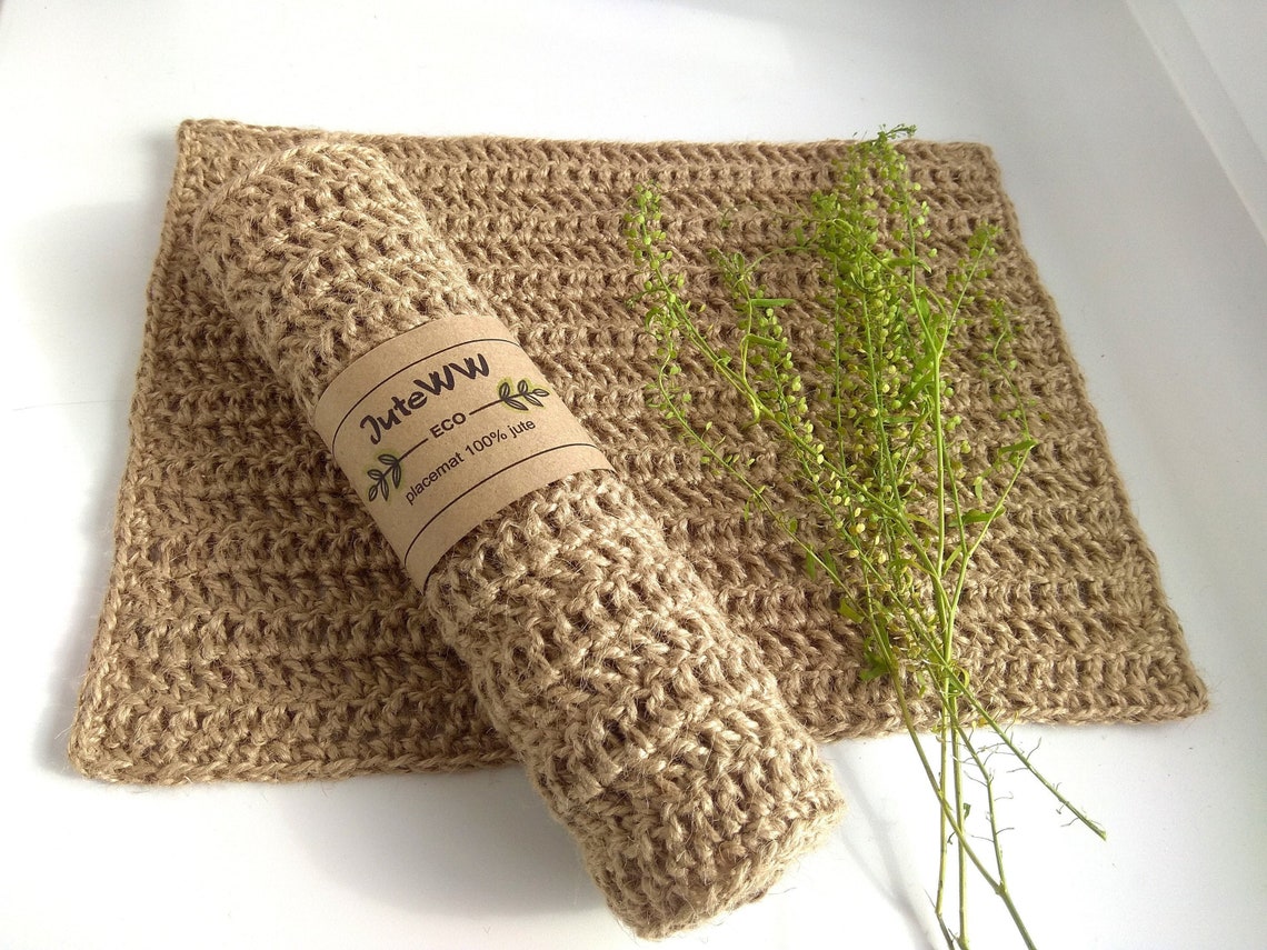 Crochet jute placemat natural handmade table mat rectangular Etsy