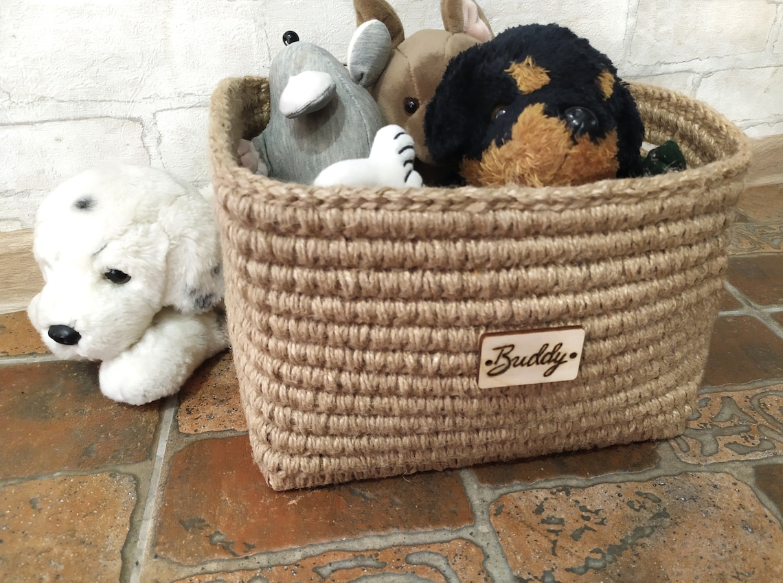 Personalized dog toys basket Crochet jute basket Rectangle Etsy