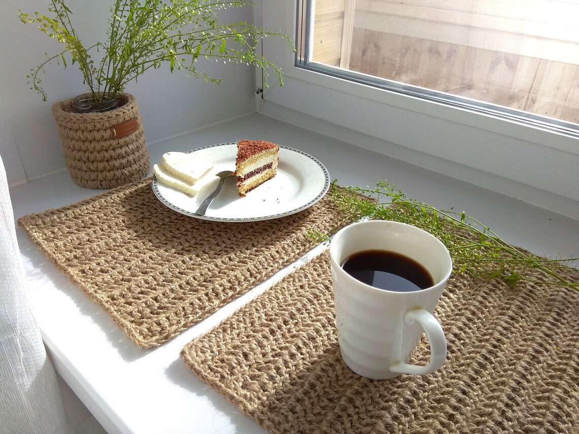 Crochet jute placemat natural handmade table mat rectangular Etsy