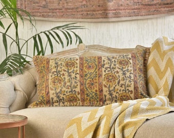 Indian Hand Block Print Floral Pillow Cover Lumbar Cushion Bohemian Sofa Pillow Boho Home Decor Yellow Pillow Cover Handmade Home Decorative