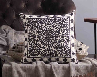 Black & White Floral Pattern Embroidered Cushion Cover, 16"x16" Home Decorative Cushion, Luxury Living Room Boho Cushion, Wedding Gifts Idea