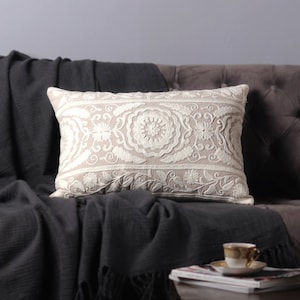 White Suzani Embroidery Pillow Cover 16x24 inches, Embroidered Suzani Pillowcase, Christmas Gifts, Unique Gift For Her