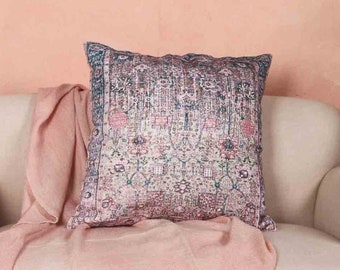 Persian Decorative Rug Printed Pillow Cover 24"x24" Bohemian Living Room Home Deco Cushion Blue & Pink Sofa Couch Designer Unique Pillow