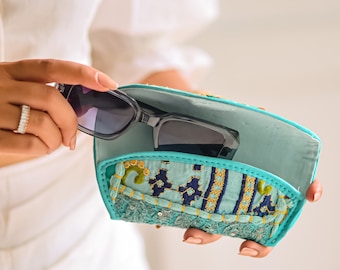 Designer Small Pouch, Handmade Embroidered Sunglasses Bag, Cute Eyeglasses Pocuh, Mini Pencil Bag, Gift For Her, Anniversary Gift for Him