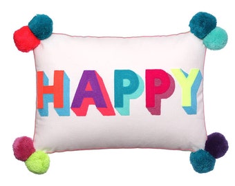 Happy Embroidered Cushion, Decorative Cushion Cover, Colorful Home Decor Cushion, Christmas Pillow Covers, Rectangle Cushion Cover 35x50cm