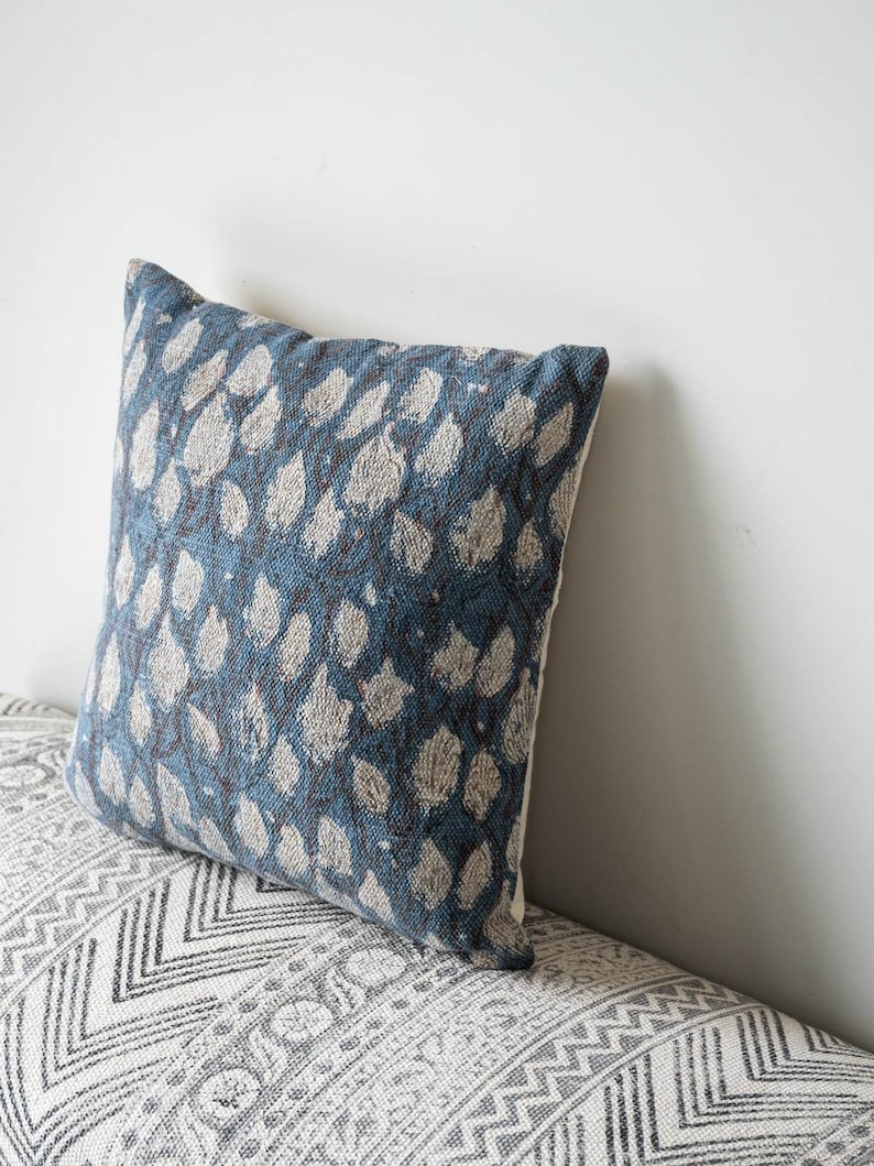 Indian Indigo Block Print Cushion Cover, Handmade Blue Pillow, Home Living Room Decor Pillow, Housewarming Gift, Wedding Gift, Gift For Mom image 4