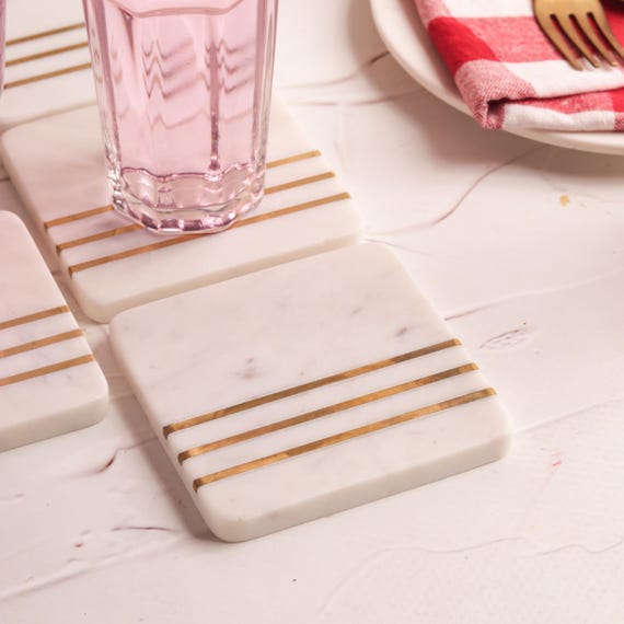 Handcrafted Marble Coaster Set: Brass Inlay, Elegant Stone Decor