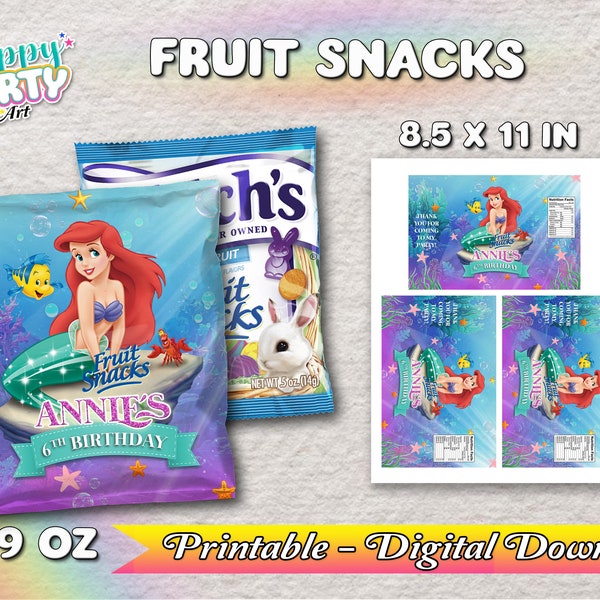 Fruit Snacks - Little Mermaid Ariel - Only DIGITAL DOWNLOAD - Little Mermaid Ariel Birthday - for Fruit Snacks Ariel Princess