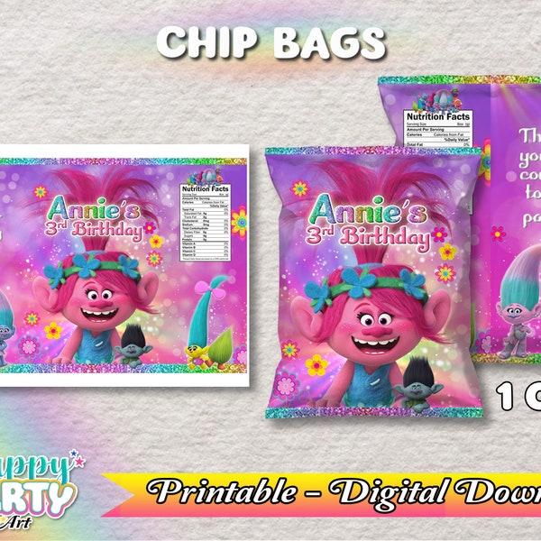 Chip Bag - Trolls Party - Girl - Only DIGITAL DOWNLOAD for Chip Bag - Trolls Labels