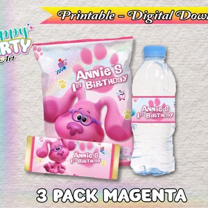 Confezione da 3 magenta - Ragazza - Sacchetto di patatine - Bottiglia d'acqua - Cioccolato - Etichette Blues Clues - DOWNLOAD DIGITALE - Confezione magenta