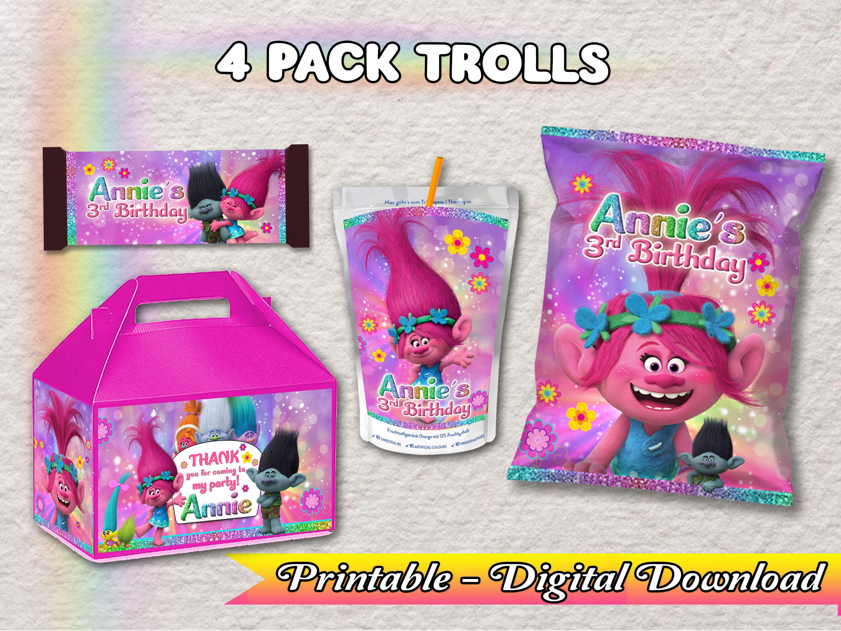 Labels for Trolls Party Pack Chip Bag Favor Bag Juice Water Bottle  Chocolate Wrapper Lollipop DIGITAL DOWNLOAD 