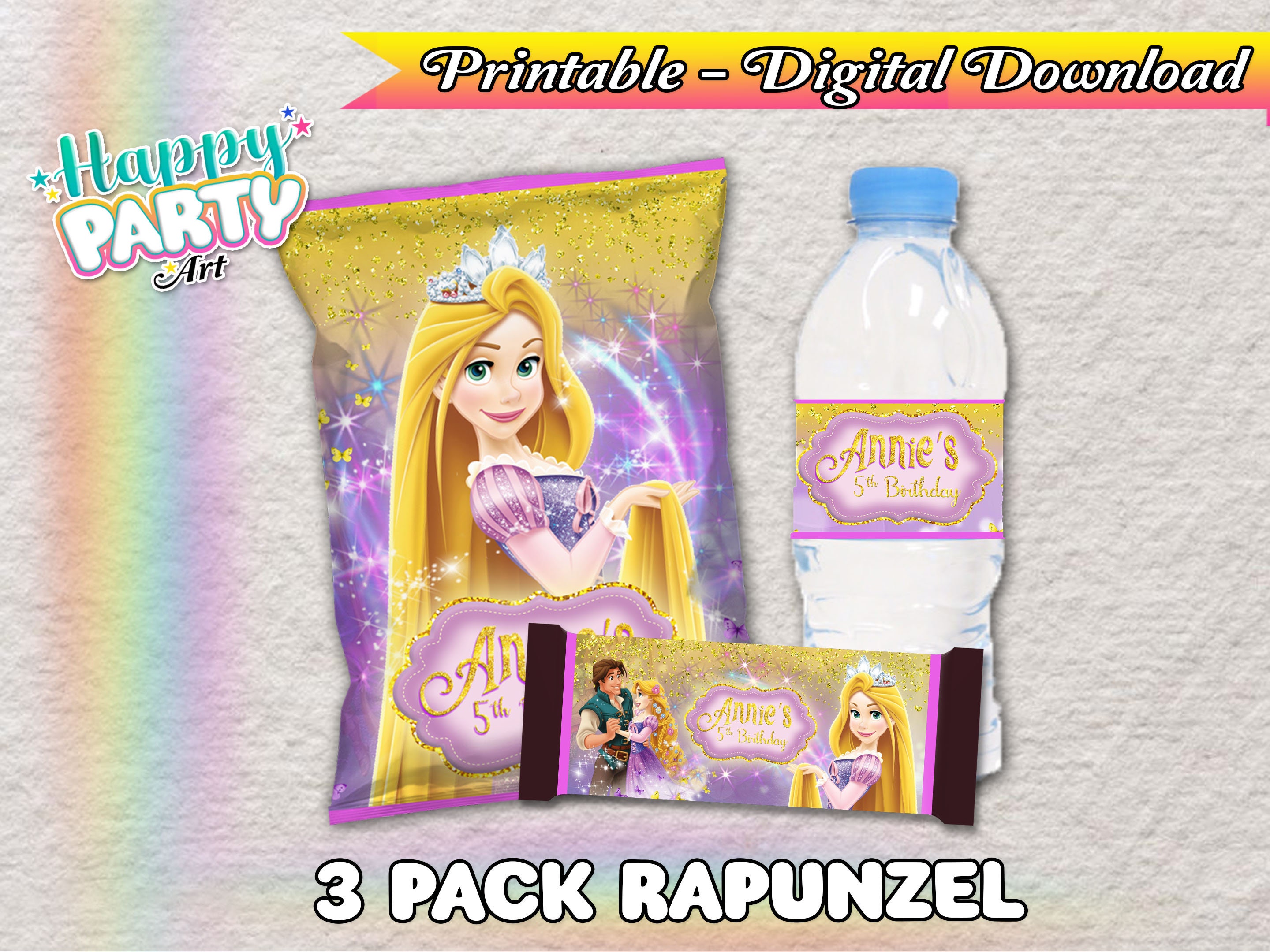 3 Pack Rapunzel Girl Chip Bag Candy Bar Water Bottle Rapunzel Lables  DIGITAL DOWNLOAD Pack Tangled 