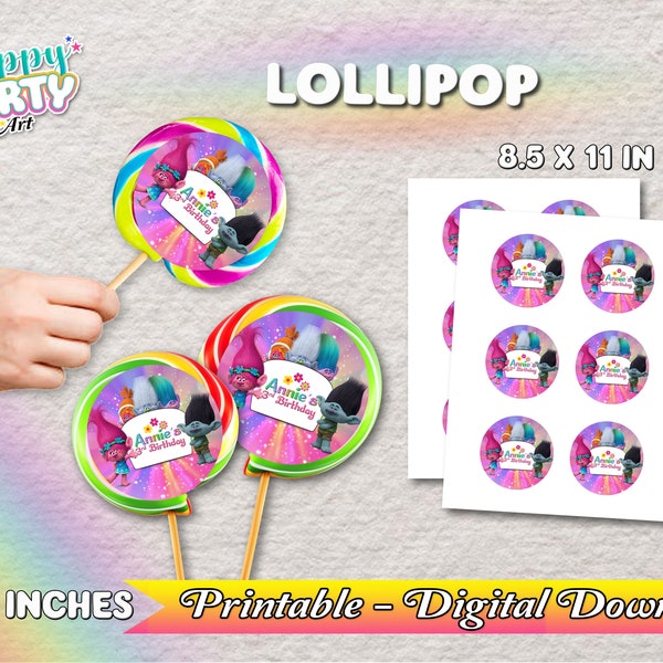 Lollipop Labels - Trolls Party - Girl - Only DIGITAL DOWNLOAD for Lollipop Labels - Trolls