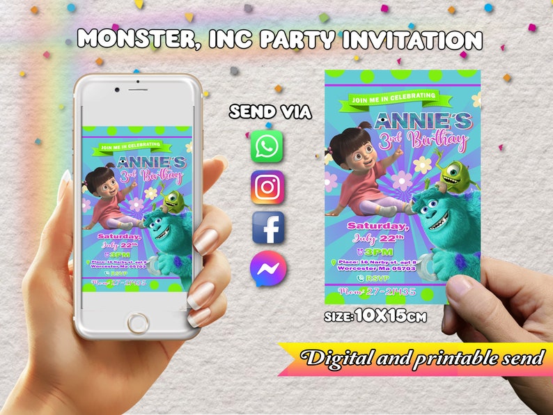 Birthday Invitation Monster Inc Girl Digital Sending Etsy