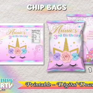 Chip Bag - Einhorn Party - Mädchen - Nur DIGITALER DOWNLOAD für Chip Bag - Einhorn Etiketten