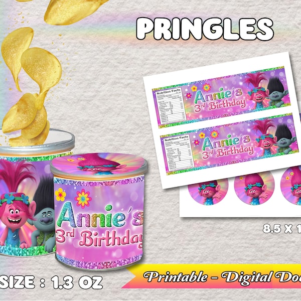 Trolls Party Labels - 1.3oz can of chips - Trolls Party Labels and Wraps - custom - DIGITAL PRINTABLE - Pringles
