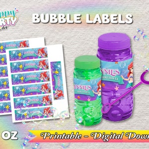 Bubble Bottle Labels Little Mermaid Ariel - DIGITAL DOWNLOAD - Little Mermaid Ariel Birthday Party - Bubble Ariel