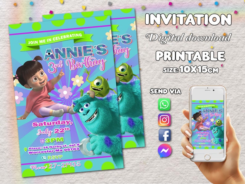 Birthday Invitation Monster Inc Girl Digital Sending Etsy