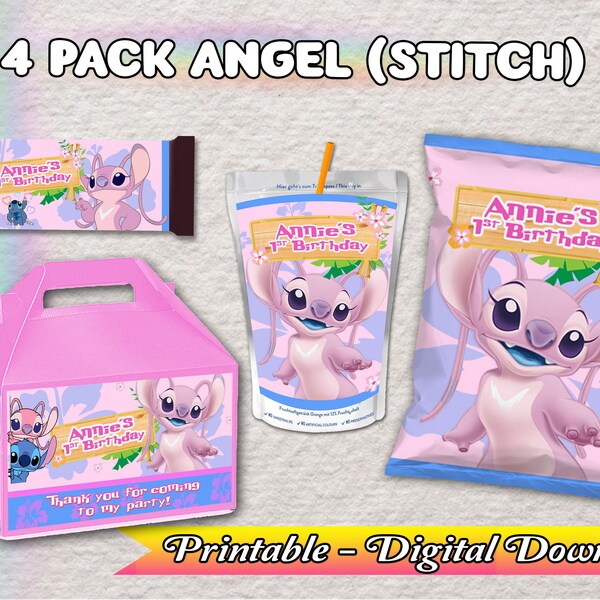 4er-Pack Engel – Stitch – Mädchen – Chip-Tüte – Saft – Schokoriegel – Giebelschachtel – Stich- und Engel-Etiketten – DIGITALER DOWNLOAD – Pack Angel – Stitch