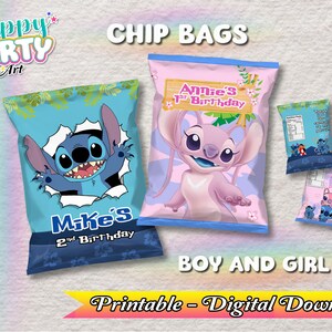 Chip-Tüte Junge und Mädchen - Stitch and Angel Party - Nur DIGITALER DOWNLOAD für Chip-Tüte Label - Stitch And Angel