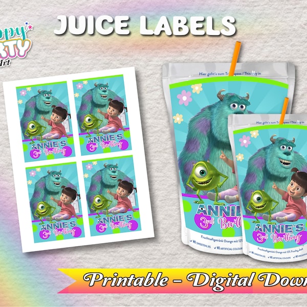 Juice Labels - Monster Inc Party - Only DIGITAL DOWNLOAD for Juice Labels - Monsters, Inc Labels