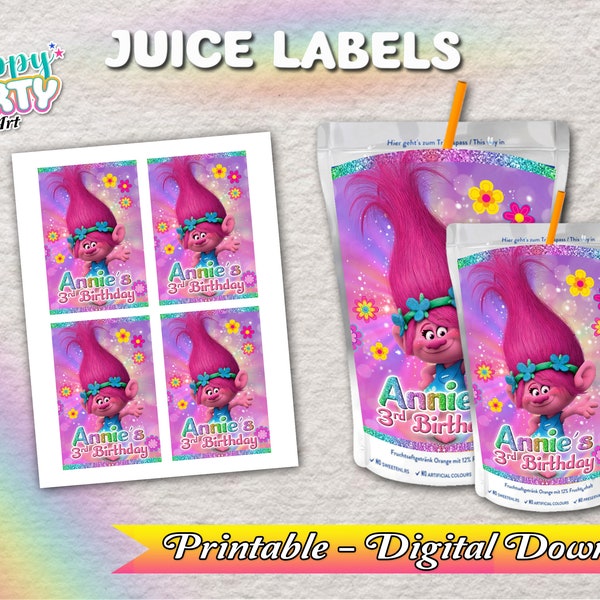 Juice Labels - Trolls Party - Only DIGITAL DOWNLOAD for Juice Labels - Trolls Labels