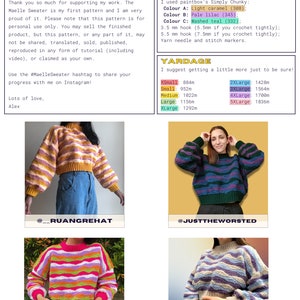 Op de afbeelding: Een haakpatroon voor een gestreepte trui genaamd de Maelle Sweater. Het patroon is verkrijgbaar in drie kleuren: licht karamel, lichtlila en gewassen teal. Het patroon bevat informatie over de benodigde garenhoeveelheid voor maten XS tot 5XL.