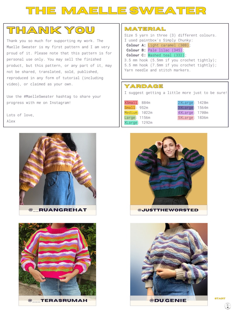 Op de afbeelding: Een haakpatroon voor een gestreepte trui genaamd de Maelle Sweater. Het patroon is verkrijgbaar in drie kleuren: licht karamel, lichtlila en gewassen teal. Het patroon bevat informatie over de benodigde garenhoeveelheid voor maten XS tot 5XL.