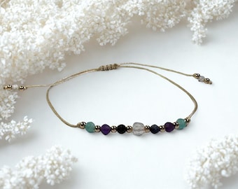 Pisces Crystal Bracelet, Pisces Zodiac Jewellery, Aquamarine, Clear Quartz, Sodalite and Amethyst, Adjustable Gold Cord Bracelet