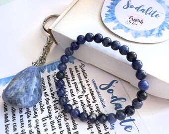 Sodalite Gift Set, Crystal Keychain & Beaded Bracelet, Elasticated Gemstone Bracelet, Healing Crystal Gift For Him or Her, Anxiety Relief