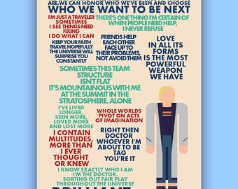 Puede incluir: Un póster motivacional con una cita del Doctor, un personaje de la serie de televisión de ciencia ficción británica Doctor Who. El póster presenta una ilustración estilizada del Doctor en azul y blanco, con una cita en texto azul sobre un fondo beige. La cita dice: "Todos somos capaces de cambios increíbles. Podemos evolucionar sin dejar de ser fieles a quienes somos. Podemos honrar a quienes hemos sido y elegir quiénes queremos ser a continuación."
