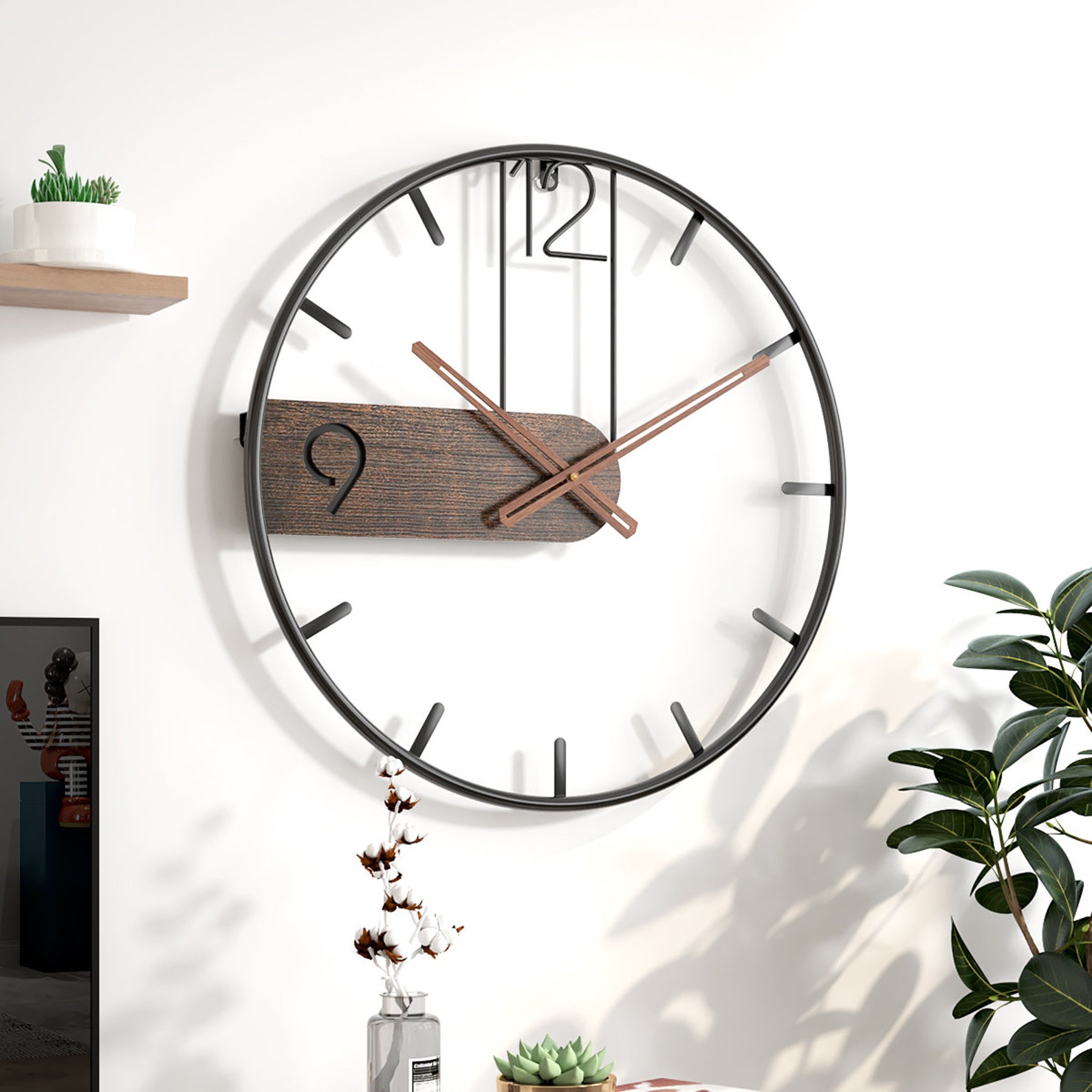 Minimalist Metal Wooden Wall Clock 50cm Large Modern Black Etsy UK