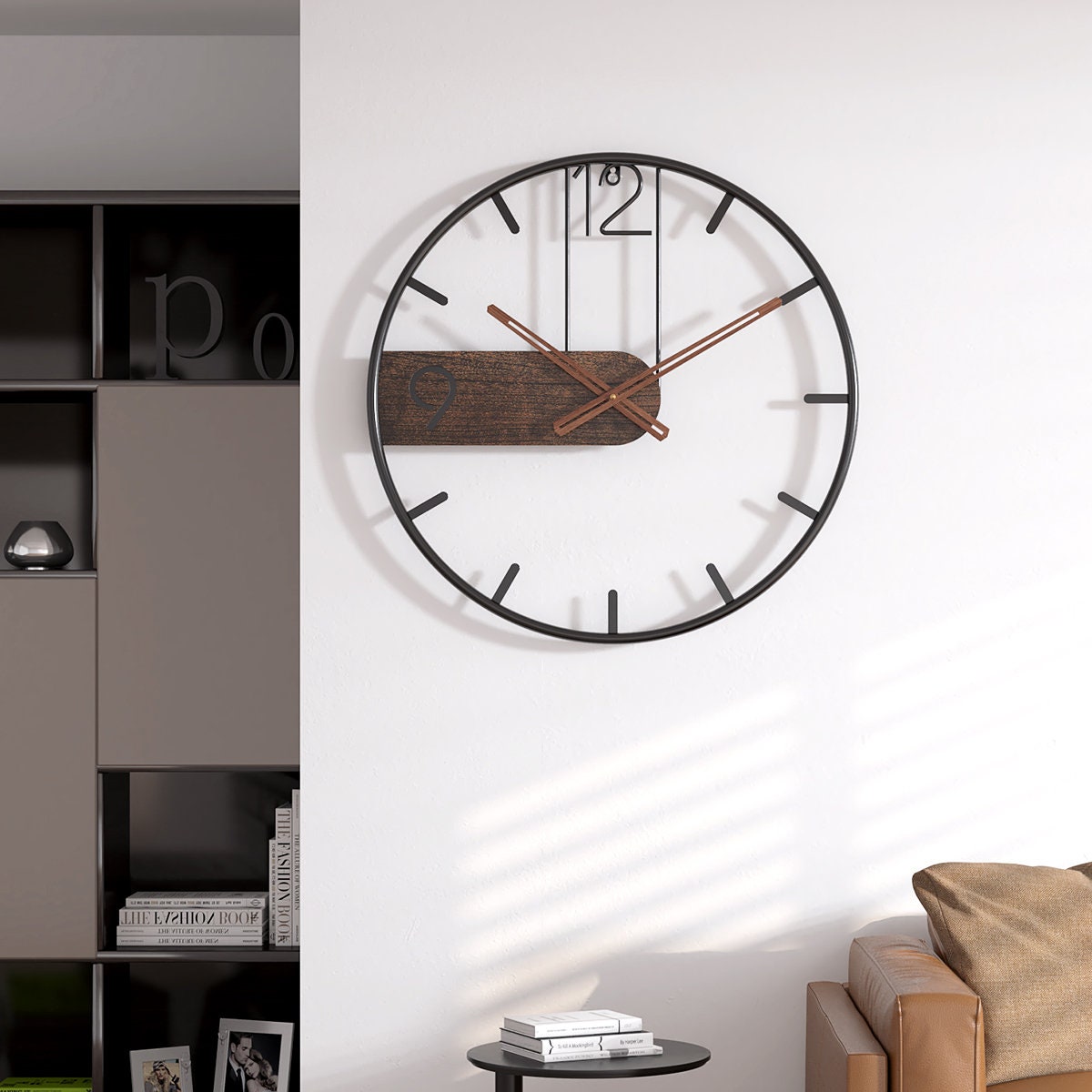 Minimalist Metal Wooden Wall Clock 50cm Large Modern Black Etsy UK