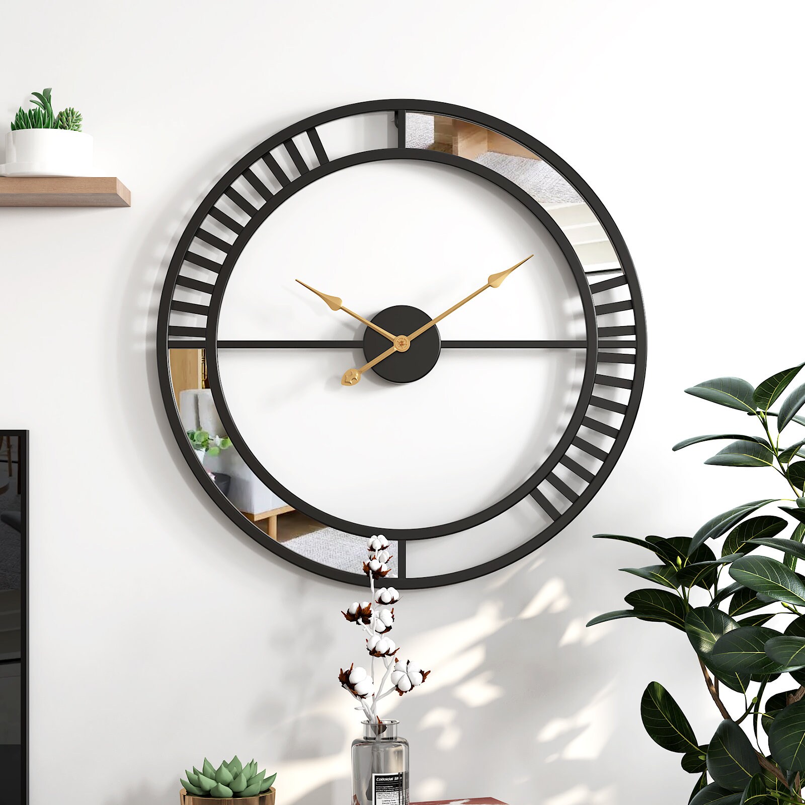 50cm/20 Black Skeleton Mirror Wall Clock Silent Etsy UK
