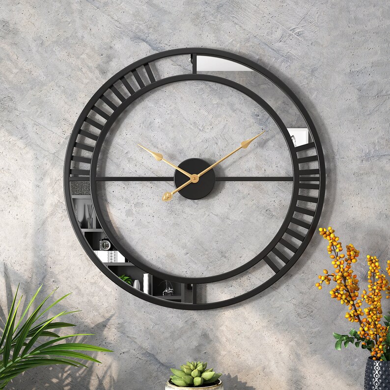 50cm/20 Black Skeleton Mirror Wall Clock Silent Etsy UK