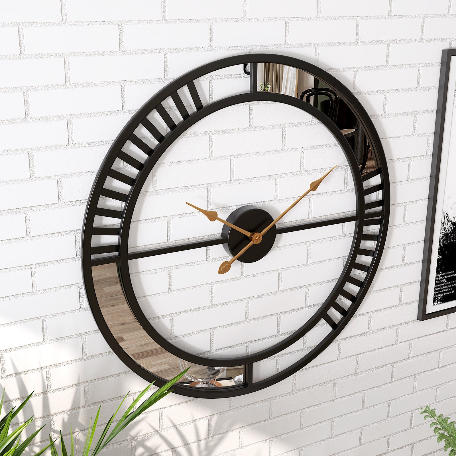 50cm/20 Black Skeleton Mirror Wall Clock Silent Etsy UK