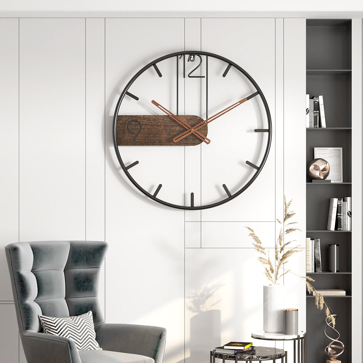 Minimalist Metal Wooden Wall Clock 50cm Large Modern Black Etsy UK