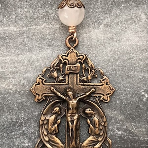 Bag Charm Angels Crucifix Zipper Pull - Bronze and Moonstone