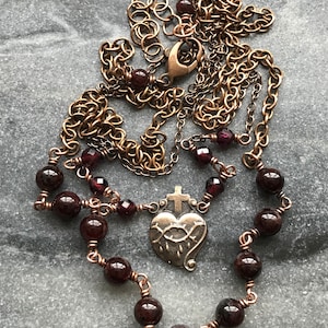 Sacred Heart Rosary Necklace, Garnet Gemstones and Bronze